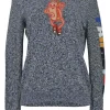 Charcoal space-dyed crewneck pullover logo sleeve sweater featuring novelty patch appliqué