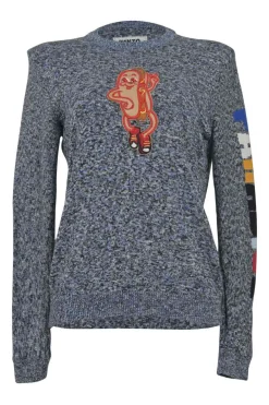 Charcoal space-dyed crewneck pullover logo sleeve sweater featuring novelty patch appliqué