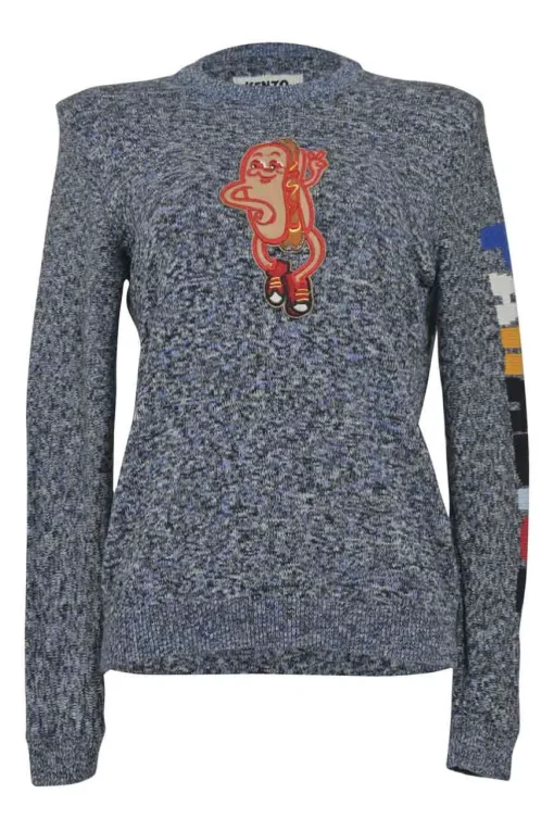 Charcoal space-dyed crewneck pullover logo sleeve sweater featuring novelty patch appliqué