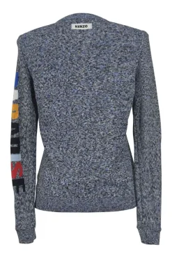 Charcoal space-dyed crewneck pullover logo sleeve sweater featuring novelty patch appliqué