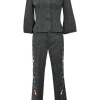 Charcoal speckled tweed notch collar tuck waist tailored jacket and floral-embroidered flared trouser suit set