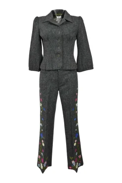 Charcoal speckled tweed notch collar tuck waist tailored jacket and floral-embroidered flared trouser suit set