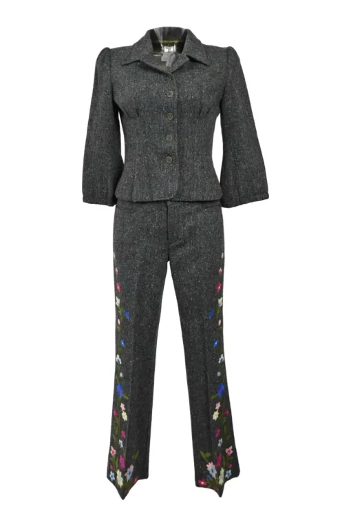 Charcoal speckled tweed notch collar tuck waist tailored jacket and floral-embroidered flared trouser suit set