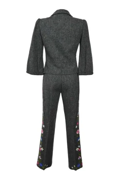 Charcoal speckled tweed notch collar tuck waist tailored jacket and floral-embroidered flared trouser suit set