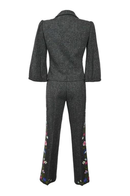 Charcoal speckled tweed notch collar tuck waist tailored jacket and floral-embroidered flared trouser suit set