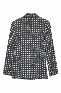 Charcoal star-print cotton-blend brushed twill double breasted 70's-style two-piece casual suit set