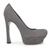 Charcoal suede and leather round-toe platform pumps