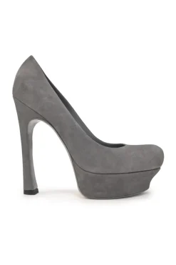 Charcoal suede and leather round-toe platform pumps