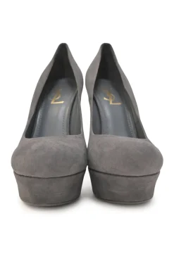 Charcoal suede and leather round-toe platform pumps
