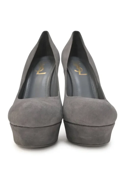 Charcoal suede and leather round-toe platform pumps