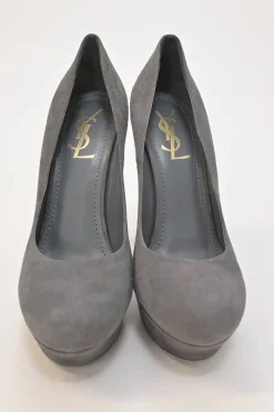Charcoal suede and leather round-toe platform pumps
