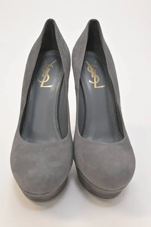 Charcoal suede and leather round-toe platform pumps