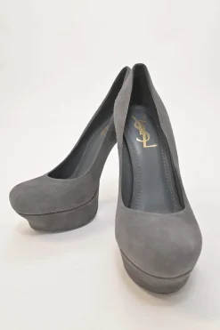 Charcoal suede and leather round-toe platform pumps