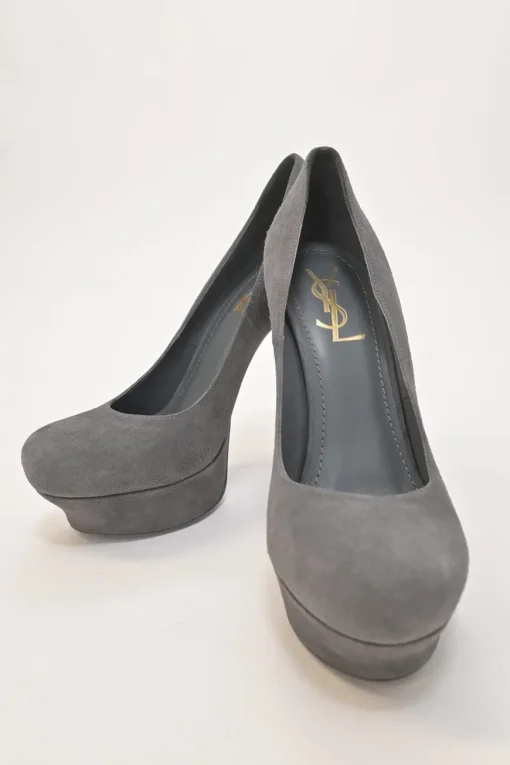 Charcoal suede and leather round-toe platform pumps