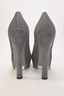Charcoal suede and leather round-toe platform pumps
