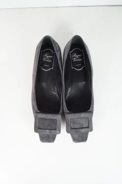 Charcoal suede Belle buckle court shoes
