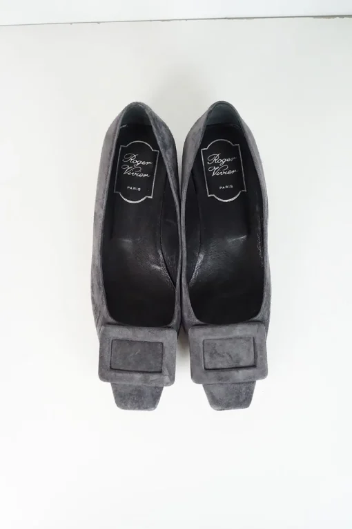Charcoal suede Belle buckle court shoes