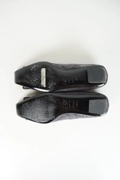 Charcoal suede Belle buckle court shoes