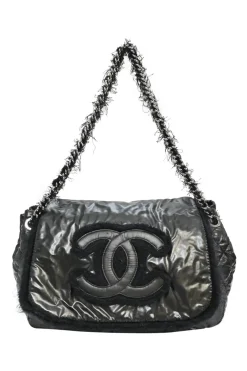 Charcoal vinyl and mohair 2010-2011 Polar accordion flap bag featuring Coco Mark broderie motif