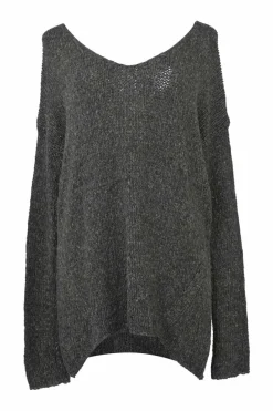 Charcoal wide-gauge scoop neck pullover slouchy sweater with portrait back
