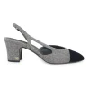 Charcoal wool block heel slingback pumps with contrasting velvet cap toe and Coco Mark ankle plaque