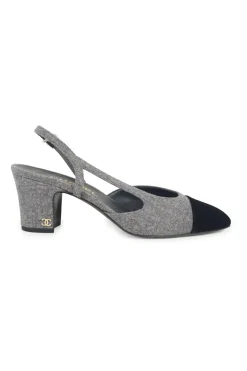 Charcoal wool block heel slingback pumps with contrasting velvet cap toe and Coco Mark ankle plaque