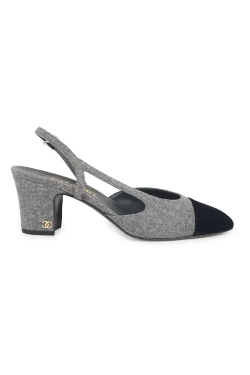 Charcoal wool block heel slingback pumps with contrasting velvet cap toe and Coco Mark ankle plaque