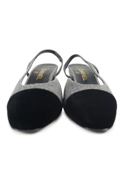 Charcoal wool block heel slingback pumps with contrasting velvet cap toe and Coco Mark ankle plaque