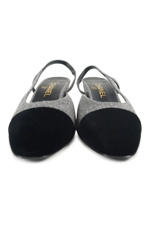 Charcoal wool block heel slingback pumps with contrasting velvet cap toe and Coco Mark ankle plaque