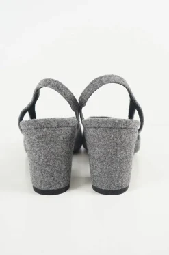 Charcoal wool block heel slingback pumps with contrasting velvet cap toe and Coco Mark ankle plaque