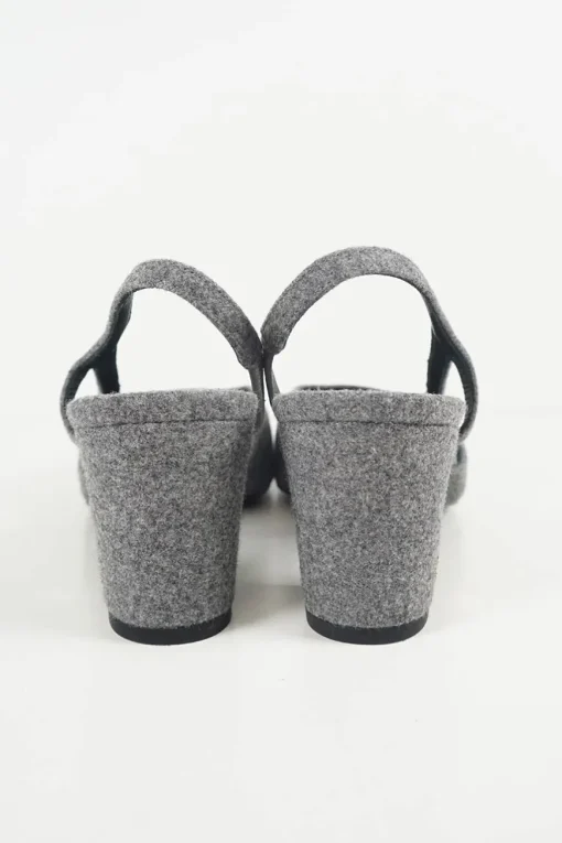 Charcoal wool block heel slingback pumps with contrasting velvet cap toe and Coco Mark ankle plaque