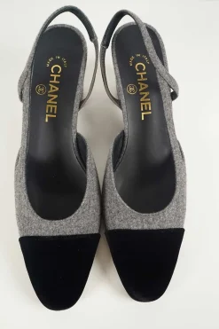 Charcoal wool block heel slingback pumps with contrasting velvet cap toe and Coco Mark ankle plaque