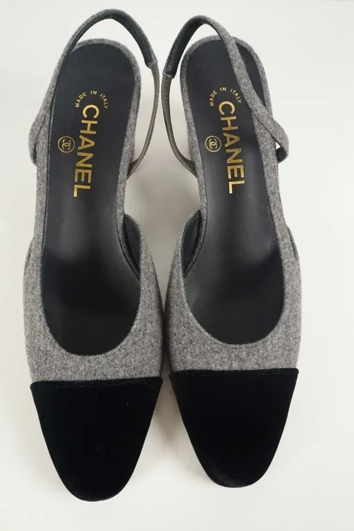 Charcoal wool block heel slingback pumps with contrasting velvet cap toe and Coco Mark ankle plaque