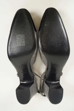 Charcoal wool block heel slingback pumps with contrasting velvet cap toe and Coco Mark ankle plaque