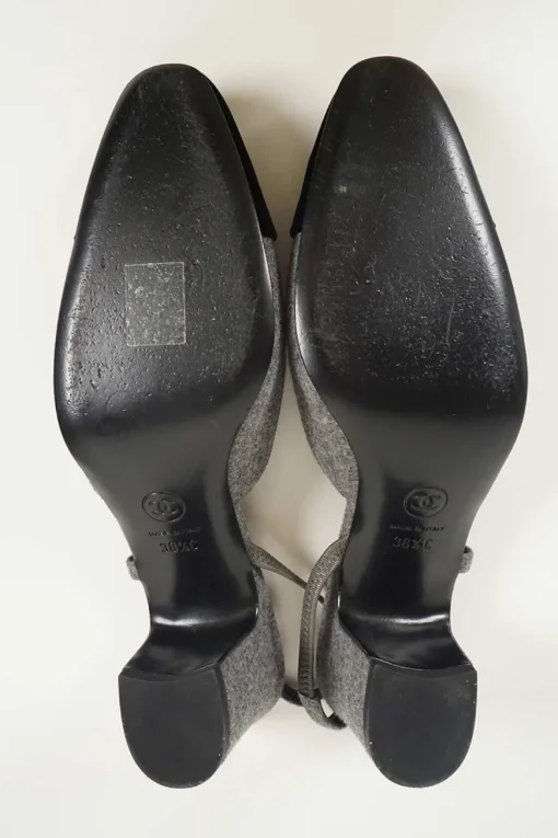 Charcoal wool block heel slingback pumps with contrasting velvet cap toe and Coco Mark ankle plaque
