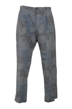Charcoal wool floral print mélange pull-on straight-leg pleat-front trousers