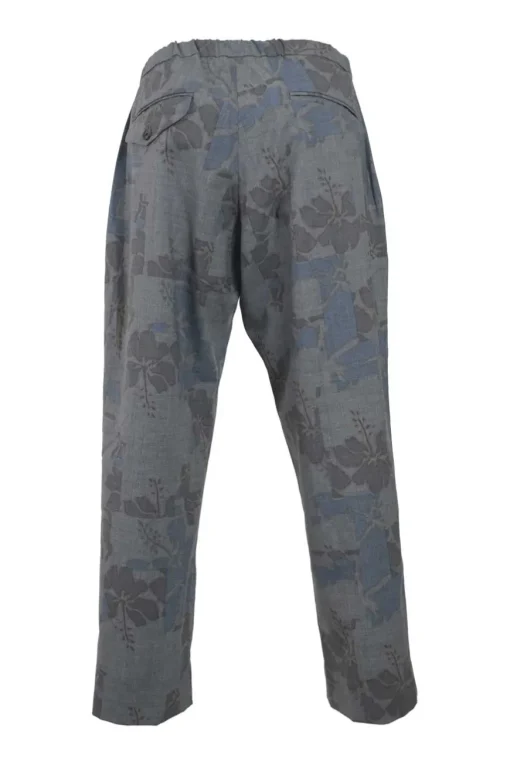 Charcoal wool floral print mélange pull-on straight-leg pleat-front trousers