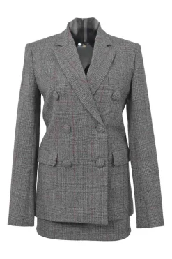 Charcoal wool Glen check tweed double breasted tailored jacket and mini pencil skirt two-piece suit set