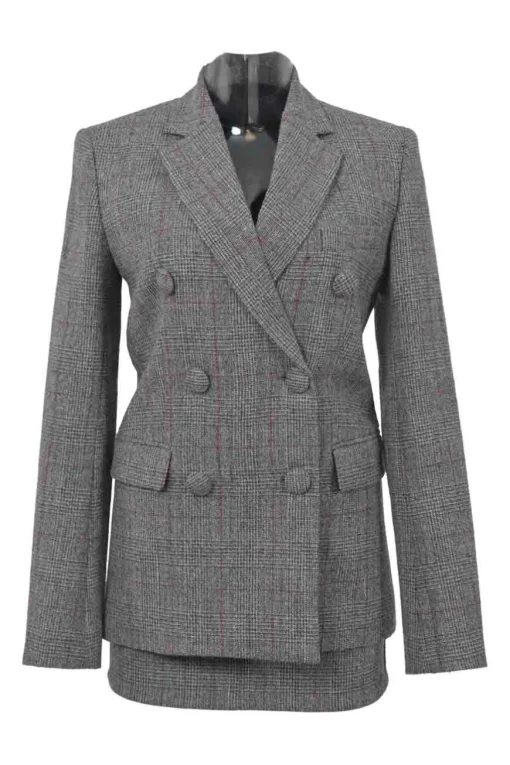 Charcoal wool Glen check tweed double breasted tailored jacket and mini pencil skirt two-piece suit set