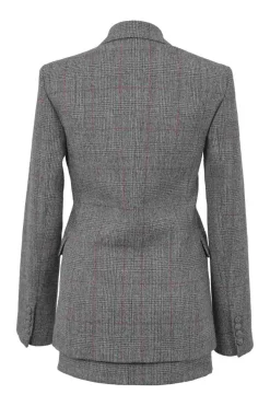 Charcoal wool Glen check tweed double breasted tailored jacket and mini pencil skirt two-piece suit set