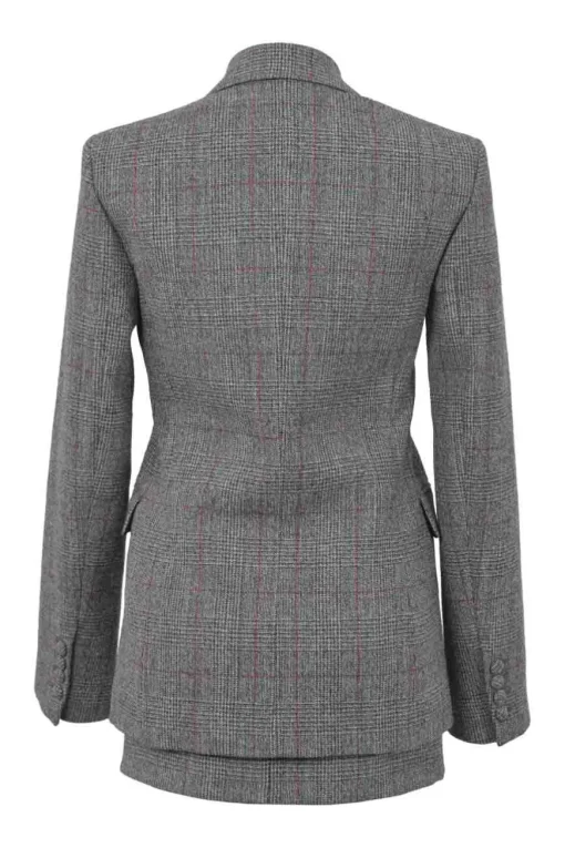 Charcoal wool Glen check tweed double breasted tailored jacket and mini pencil skirt two-piece suit set