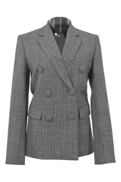 Charcoal wool Glen check tweed double breasted tailored jacket and mini pencil skirt two-piece suit set