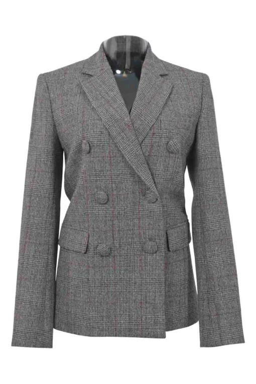 Charcoal wool Glen check tweed double breasted tailored jacket and mini pencil skirt two-piece suit set