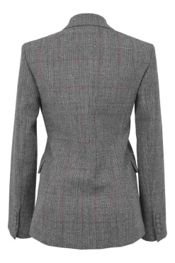 Charcoal wool Glen check tweed double breasted tailored jacket and mini pencil skirt two-piece suit set