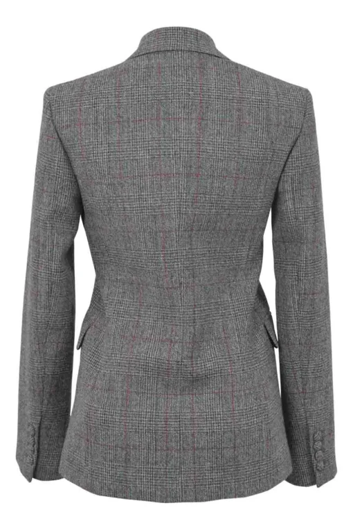 Charcoal wool Glen check tweed double breasted tailored jacket and mini pencil skirt two-piece suit set