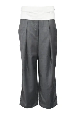 Charcoal wool mélange high-rise pleat-front tailored trousers with exposed waistband gripper tape