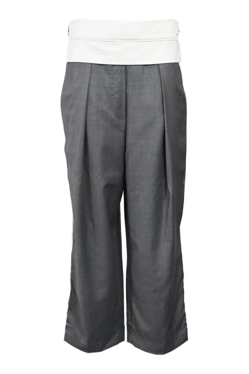Charcoal wool mélange high-rise pleat-front tailored trousers with exposed waistband gripper tape