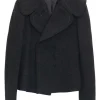 Charcoal wool-blend double breasted oversized notch collar cropped jacket