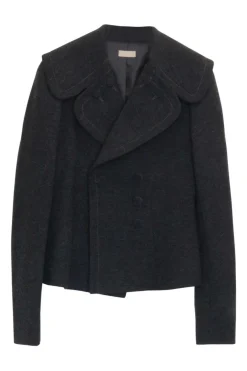 Charcoal wool-blend double breasted oversized notch collar cropped jacket