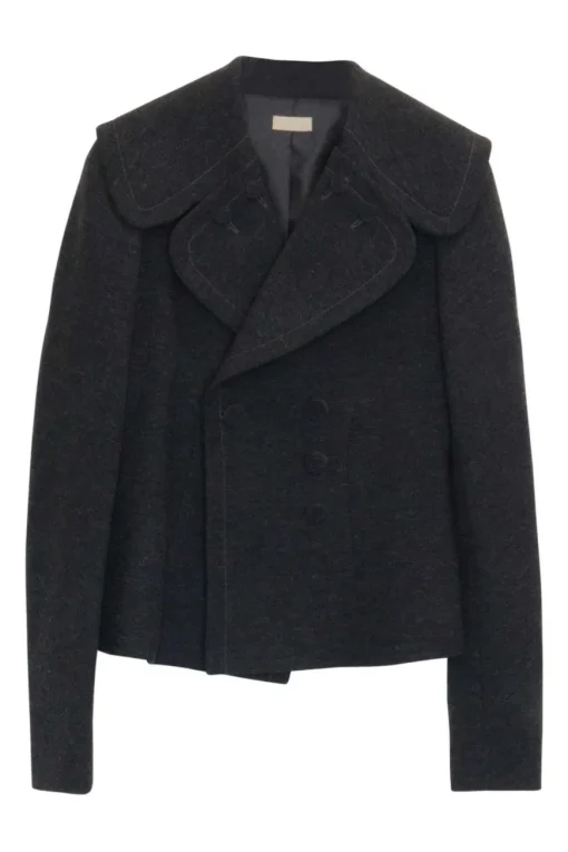 Charcoal wool-blend double breasted oversized notch collar cropped jacket